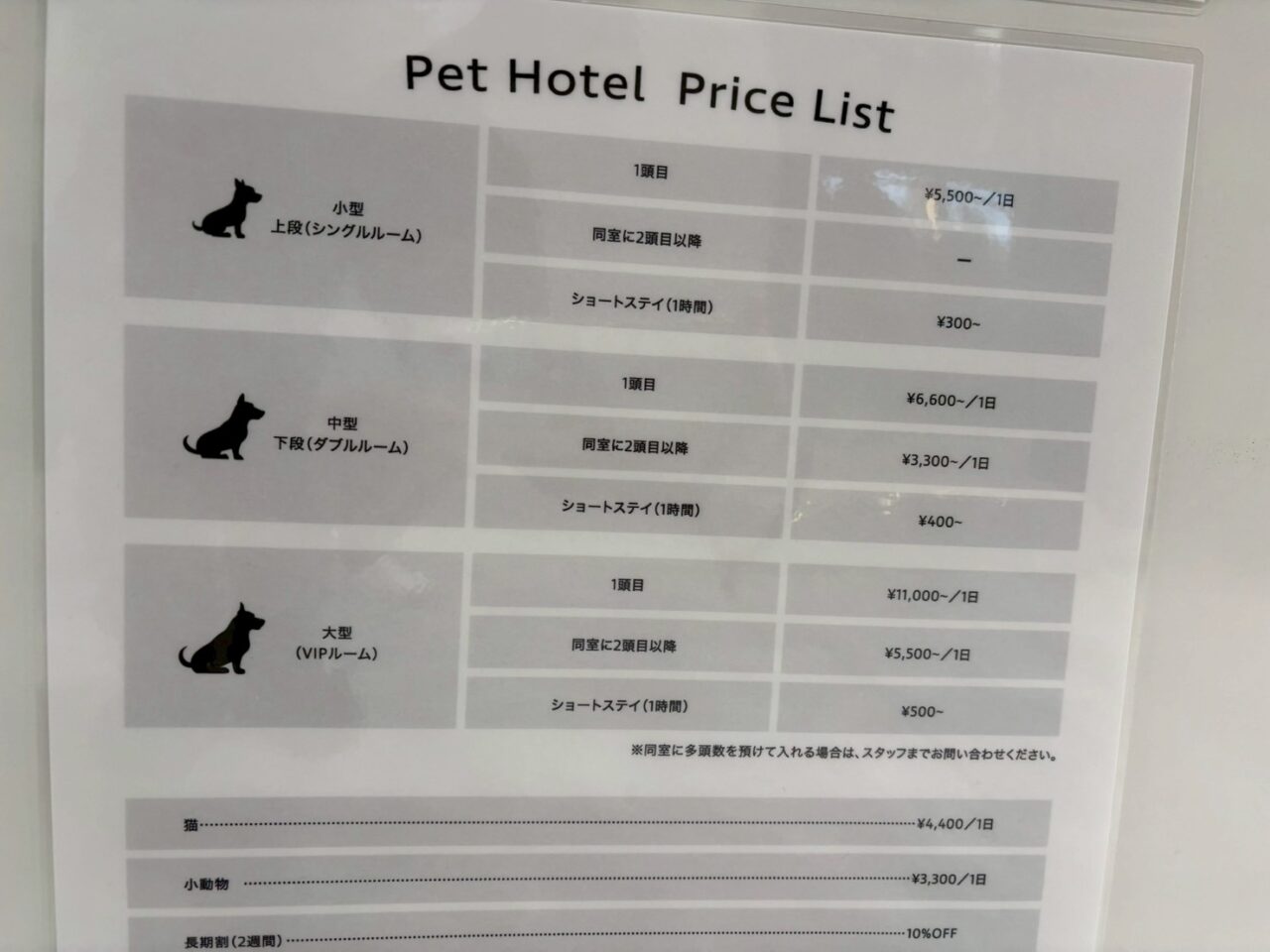 ペットホテル料金
